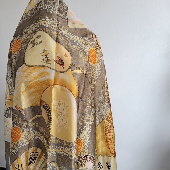 Vintage Huali 100% Silk Asian Fan Design Ladies Scarf - Picture 4 of 15